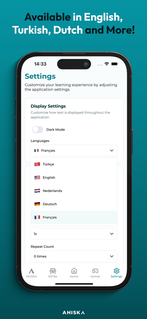 Elif Ba - Learn the Quran - Pantalla de configuración de la aplicación Elif Ba que muestra la selección de idioma con opciones para inglés, turco, holandés, alemán y francés.