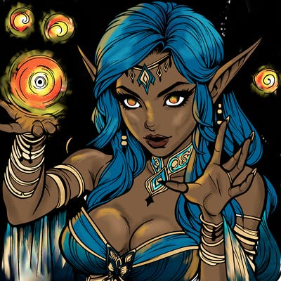 realistic scary beautiful elf sorceress casting spell