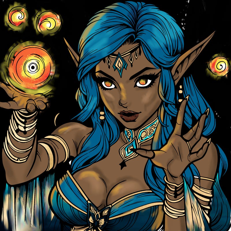 realistic scary beautiful elf sorceress casting spell