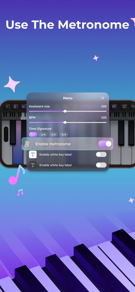 Trioplay: Piano - Learn & Game - Configurações de metrônomo e BPM no aplicativo de teclado de piano Trioplay