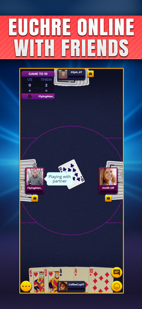 A mobile screen showing four players in a live online euchre card game match