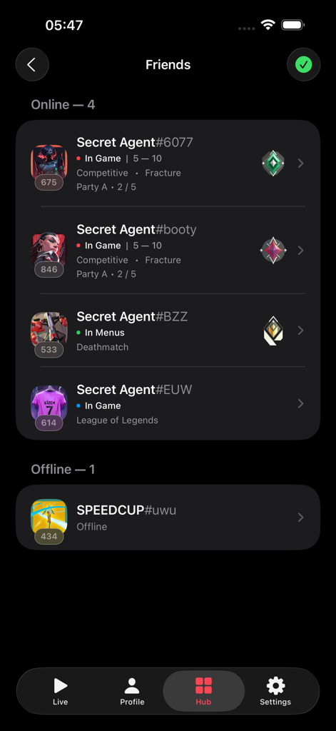 VALPAW - A list of online and offline friends in the VALPAW app showing their real-time Valorant game status and ranks.