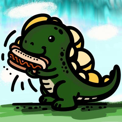 dinosaur eating a hotdog