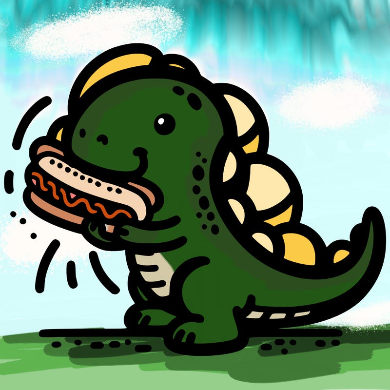dinosaur eating a hotdog