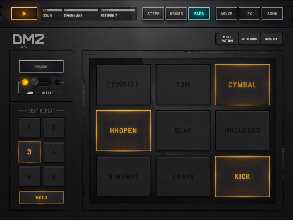 Interface of the DM2 Drum Machine app showing the pads page with a nine pad grid and beat repeat controls.