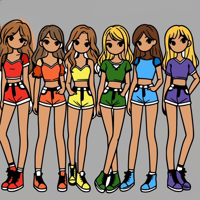 a group of girls wearing crop tops and shorts