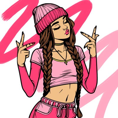 realistic teenage girl with braids and a beanie and crop top doing 🫶🏼