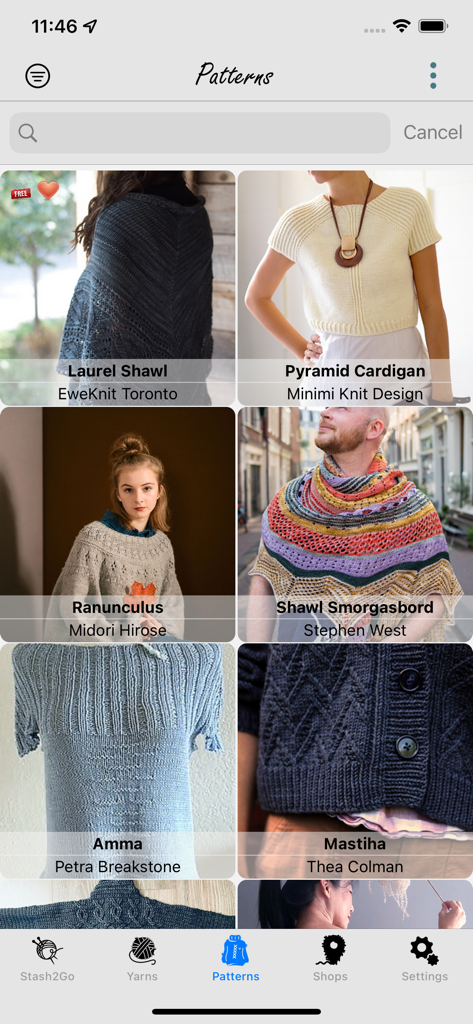 Stash2Go - Interface do aplicativo móvel Stash2Go mostrando uma biblioteca pesquisável de padrões de tricô e crochê com imagens de visualização