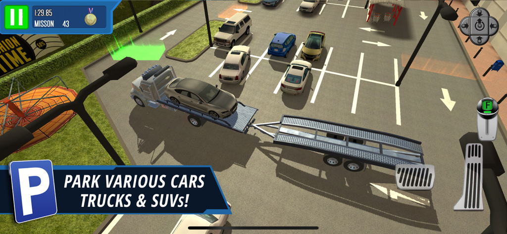 Multi Level: Shopping Mall - A tow truck carrying a car through a realistic shopping mall parking lot in a driving simulation game