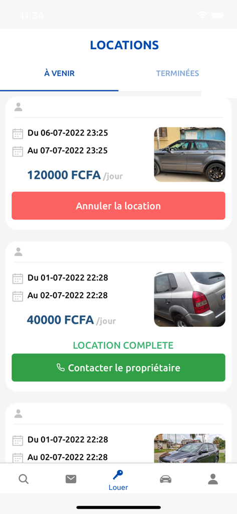 Interfaccia dell'app Monbolide che mostra un elenco di prenotazioni di noleggio auto con date e prezzi in Franchi CFA dell'Africa occidentale