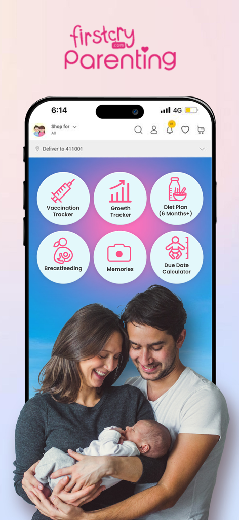 FirstCry India app screen displaying parenting features like vaccination and growth trackers