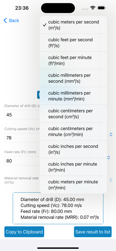 Material Removal Rate - A mobile app interface showing a dropdown menu for selecting material removal rate units like cubic meters, feet, and millimeters per time unit.