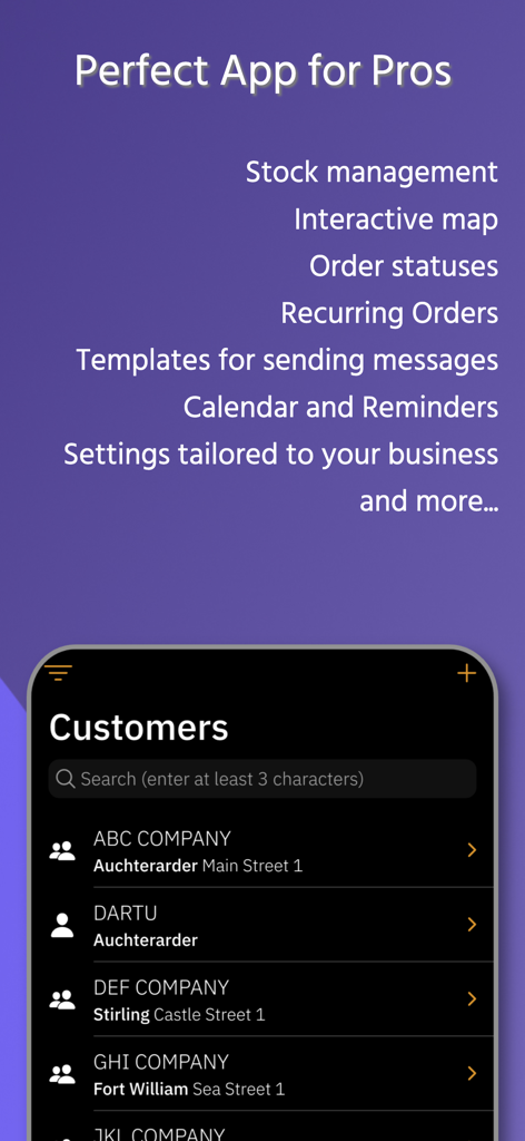 Service & Auftragsverwaltung Pro App-Anzeige mit einer Kundenverwaltungsliste und Highlights professioneller Geschäftsfunktionen