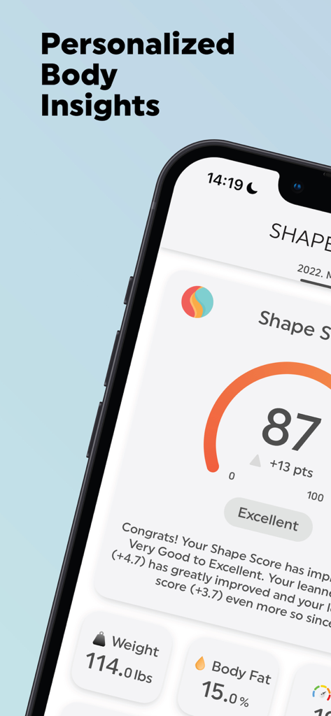 Smartphone screen showing ShapeScale app with personalized body score and health metrics