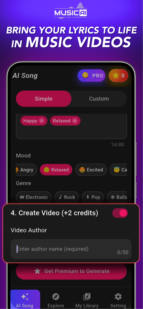 3B Music AI Song Generator - Interface of 3B Music AI app showing song generation settings including mood and genre selection with a prompt to create music videos