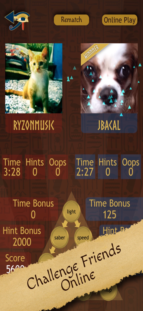 Écran des résultats de la compétition en ligne dans Chain Of Thought 2 montrant les scores des joueurs et un puzzle pyramidal de mots