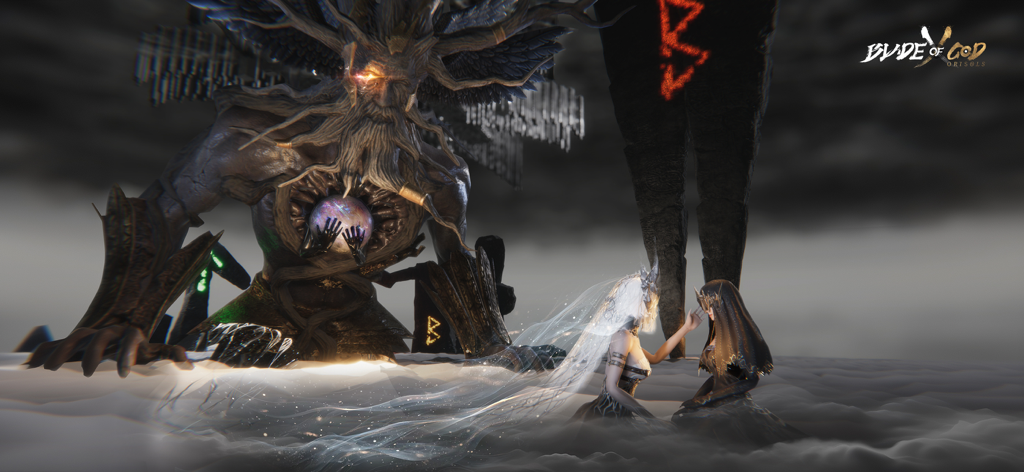 Blade of God X: Orisols - A cinematic dark fantasy scene from Blade of God X Orisols featuring a giant Norse deity and two mystical characters on a bed of clouds.