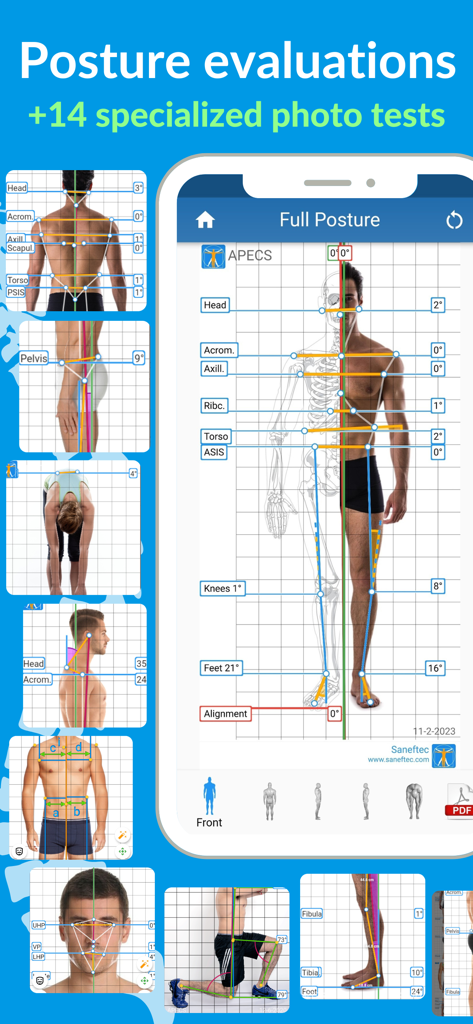 Interface of the APECS app showing multiple AI posture evaluation tests and body symmetry analysis