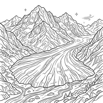 Journey to a world of ice and rock with this intricate Piedmont Glacier coloring page. Capture the breathtaking scale of nature as you bring these towering mountains and expansive ice formations to life.