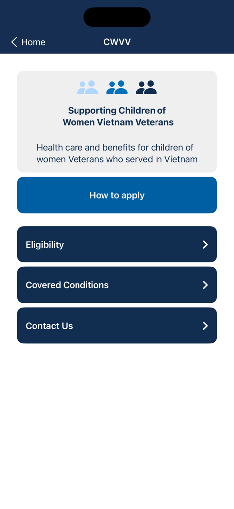 CHAMPVA app dashboard for Children of Women Vietnam Veterans program benefits.