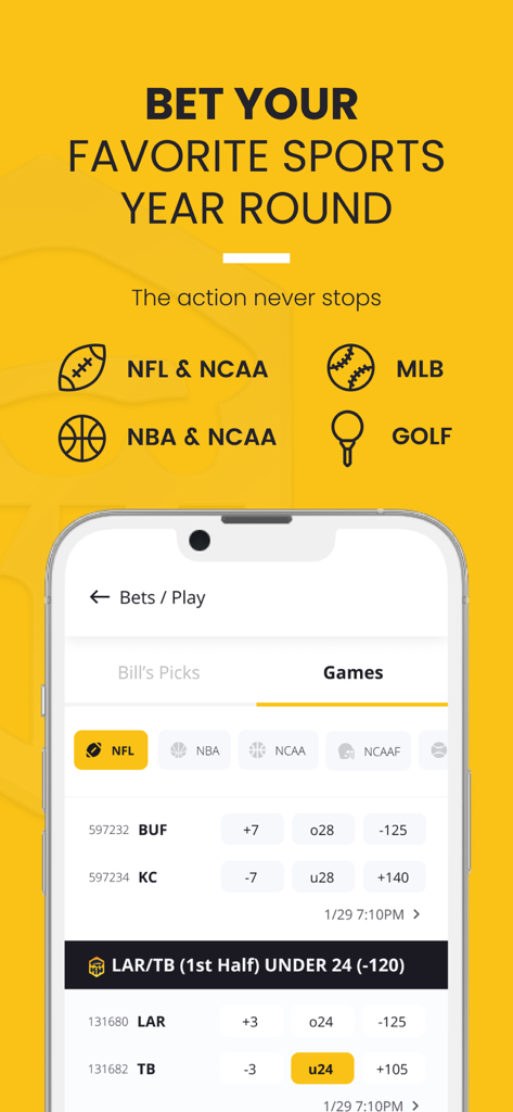 KrackWins - KrackWins mobile app interface showing sports betting odds and professional picks for NFL and NBA games.