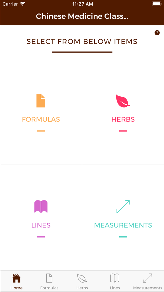 Chinese Medicine Classics - Home screen of the Chinese Medicine Classics app showing navigation for Formulas Herbs Lines and Measurements