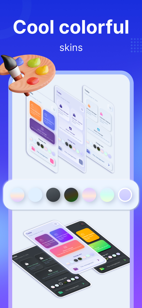 GoCleaner: Boost Phone Storage - GoCleaner app showcasing various colorful skins and interface customization options.