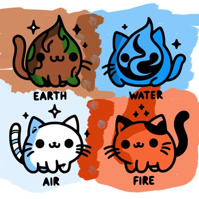 4 cats that represent the different elements, earth, water, air, and fire