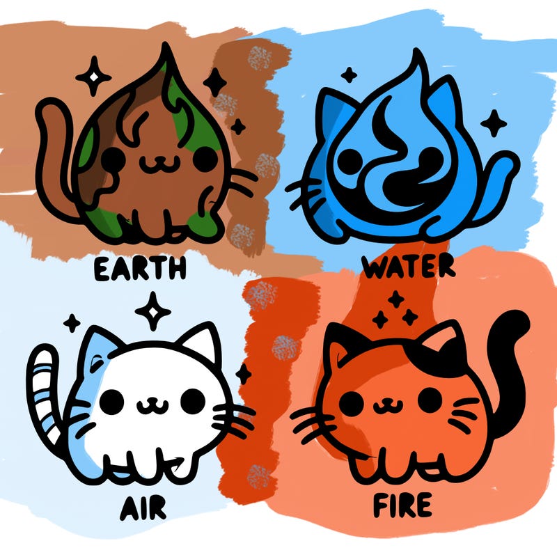 4 cats that represent the different elements, earth, water, air, and fire