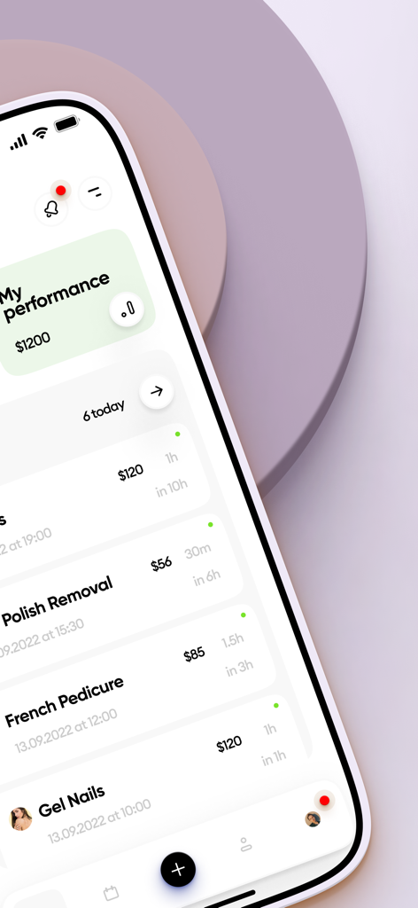 Bildschirm der mobilen App, der ein Dashboard für Beauty-Profis mit Service-Terminen und Leistungsverfolgung anzeigt