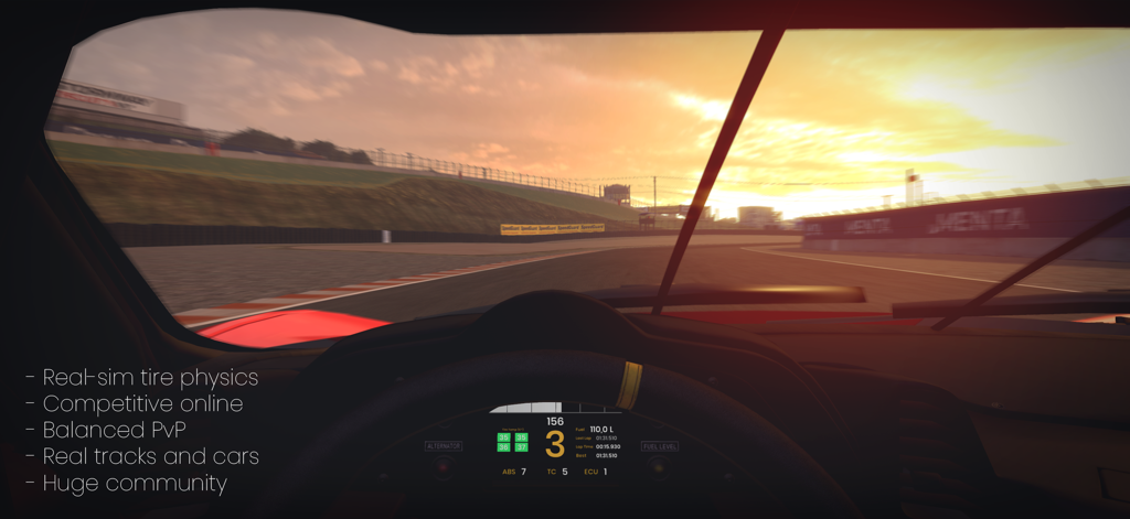 Gran Velocita - Real Driving - First person cockpit view of a racing car on a track at sunset
