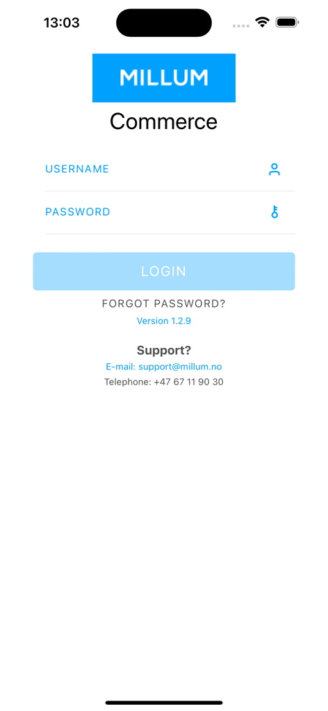 Login screen of the Millum Commerce mobile application for B2B procurement showing fields for username and password.