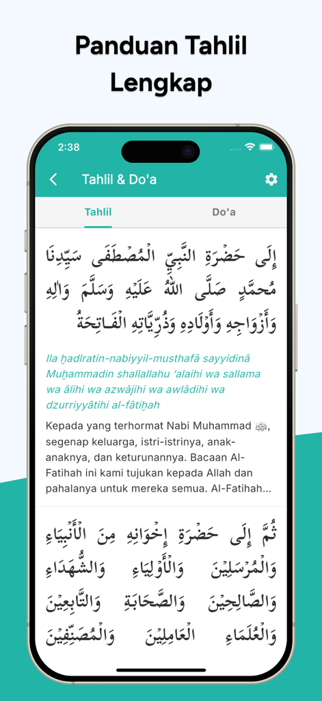 Yasin Tahlil Lengkap - Mobile app interface showing Tahlil prayer guide with Arabic script, Latin transliteration, and Indonesian translation.