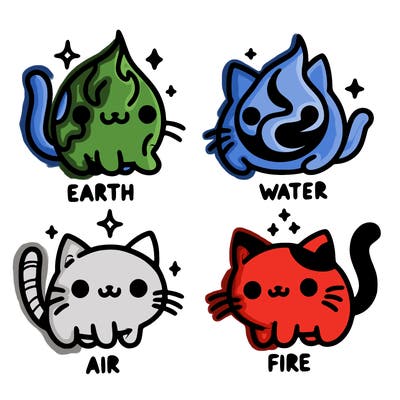 4 cats that represent the different elements, earth, water, air, and fire