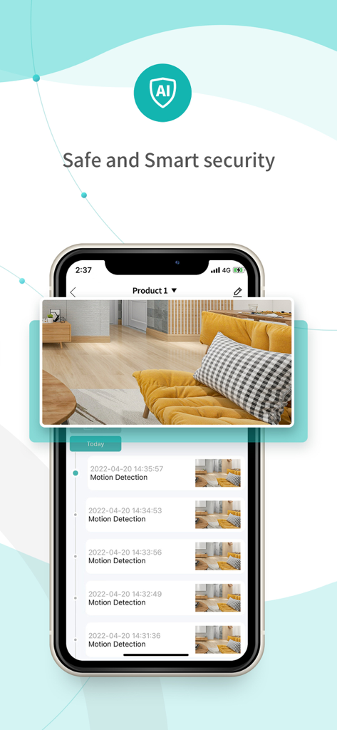 iCSee Home - iCSee Home app interface showing a timeline of motion detection events and a live home security video feed