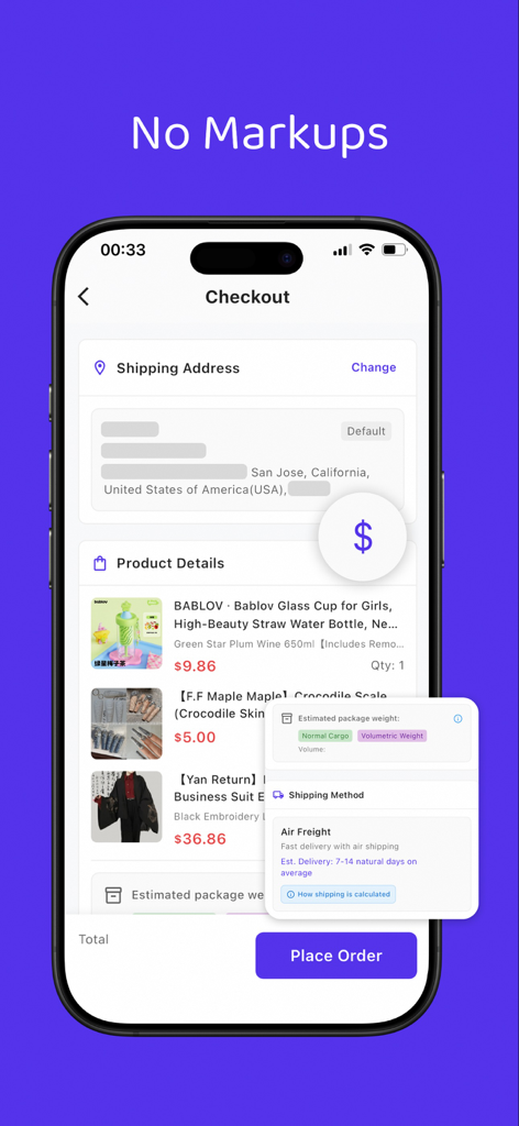 Checkout interface of the Shopme Agent app showing shipping details and product list in USD