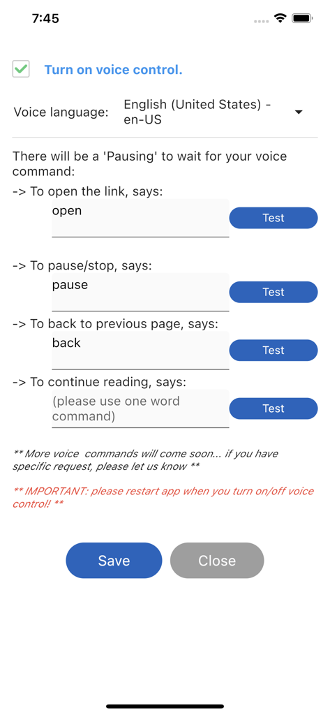 AI Read Aloud Text To Speech - Configuration screen for hands-free AI voice commands including open pause and back actions
