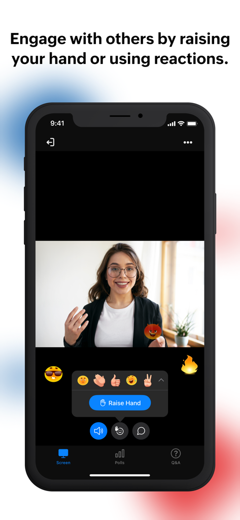 A mobile screen showing a live Zoho Webinar with interactive emoji reactions and a Raise Hand button.