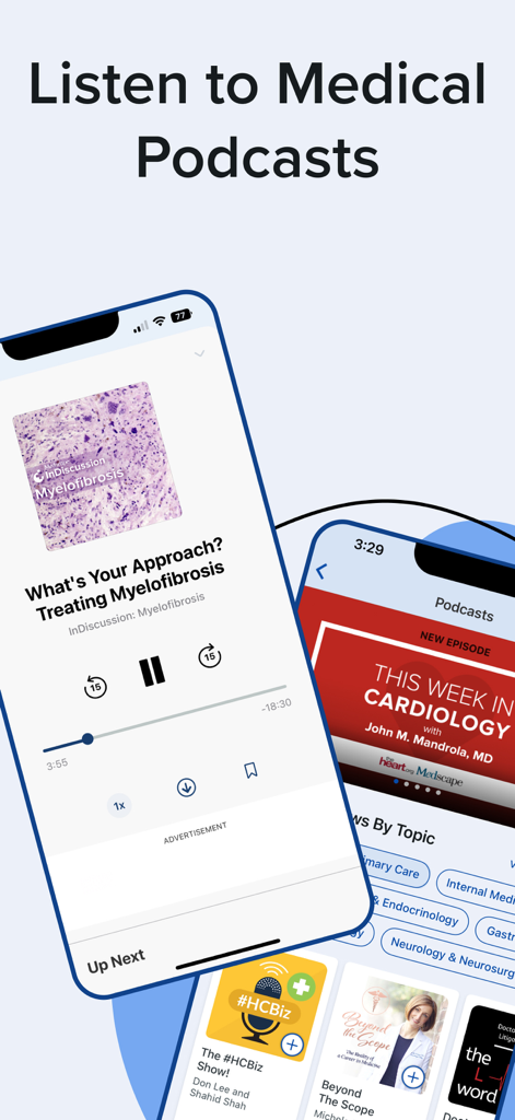 Medscape mobile app screen displaying a medical podcast player and a list of healthcare topics for professionals