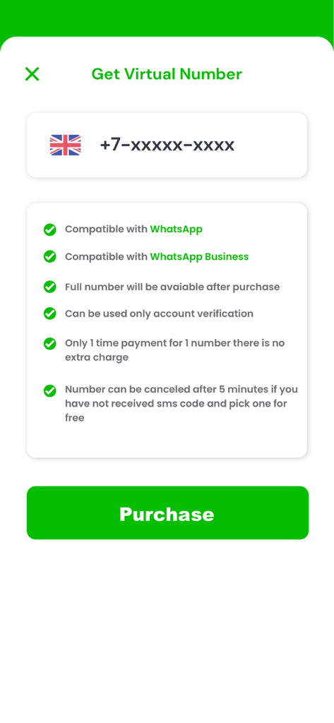 A mobile app screen displaying features and a purchase button for a virtual phone number compatible with WhatsApp Business.