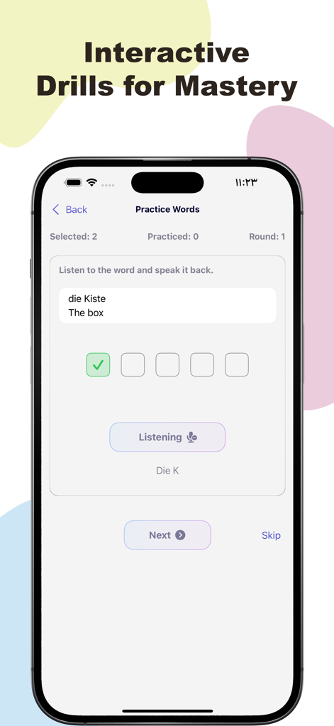 Kalimati -Learn a new language - Pantalla de smartphone mostrando una sesión de práctica de expresión oral interactiva para la palabra alemana 'die Kiste' en la aplicación Kalimati.