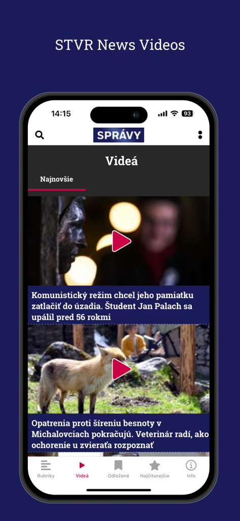 Správy STVR - Benutzeroberfläche der mobilen App Správy STVR mit dem Bereich Video-Nachrichtenarchiv mit Berichten zu regionalen und historischen Themen