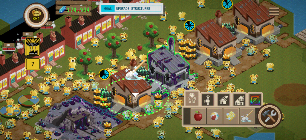 Black Mirror: Thronglets - Una vista pixel art de arriba hacia abajo de un pueblo lleno de criaturas Thronglet amarillas y una interfaz de gestión retro.