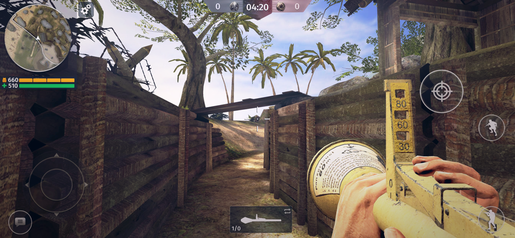 First person view of a soldier holding a Panzerfaust in a World War 2 trench.