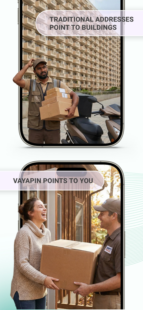 VayaPin - Comparison between a confused delivery driver at an apartment complex and a successful package delivery using VayaPin