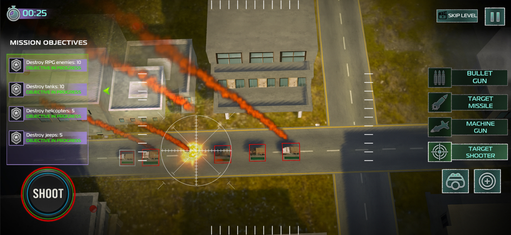 Drone Attack: War Drone Games - Vista de arriba hacia abajo de un ataque de dron contra vehículos militares en un entorno urbano con objetivos de misión y controles de armas.