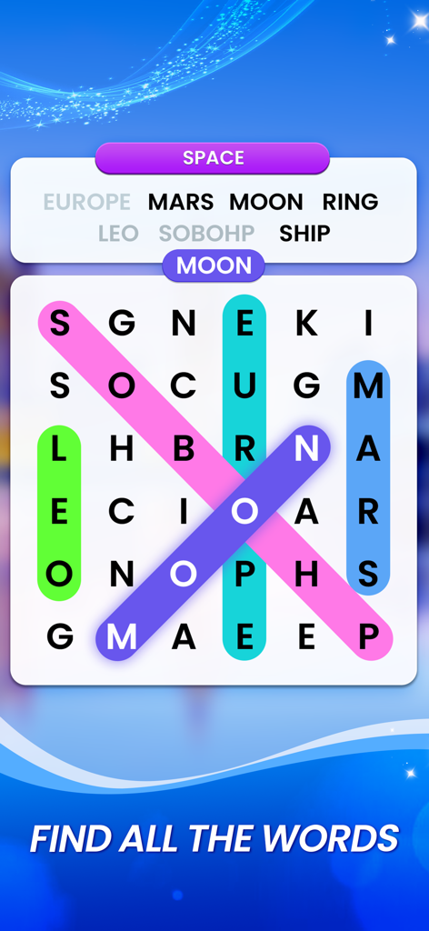 Word Search Trip - Space themed word search puzzle grid with words highlighted in various colors