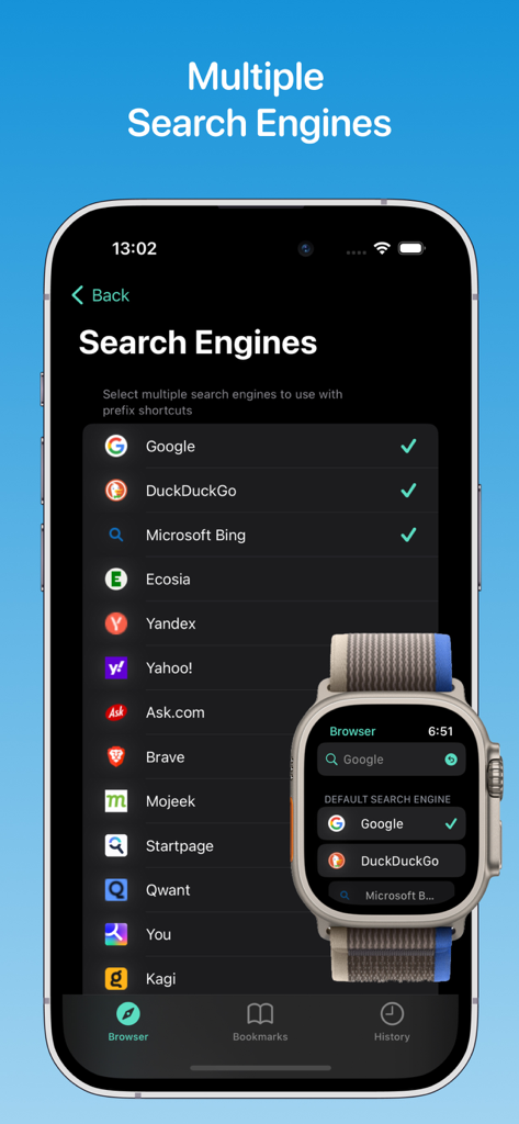 Browser for Watch - iPhone and Apple Watch Ultra displaying multiple search engine choices for the Browser for Watch app.