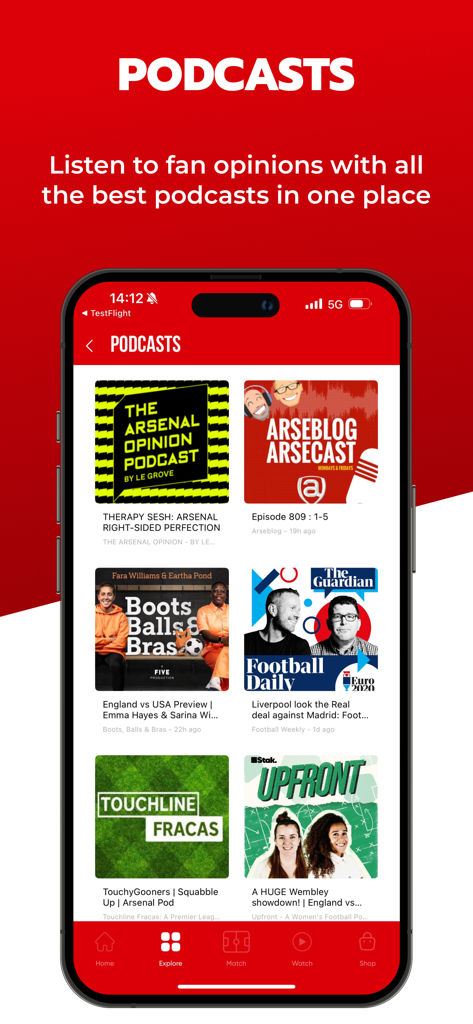 Gunners - Live Scores & News - Mobile screen of the Gunners app showing a list of available Arsenal fan podcasts including Arsecast and The Arsenal Opinion.