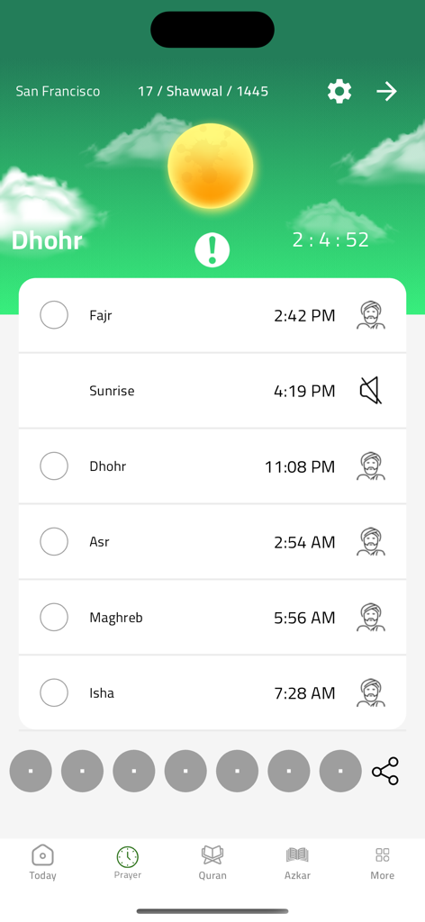 Muslim: Adhan Azkar Quran - Mobile app interface showing daily Islamic prayer times and countdown for San Francisco